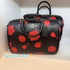 NWT Coach Rowan Large Satchel Bag With Floral Print CCE27 Black/Red